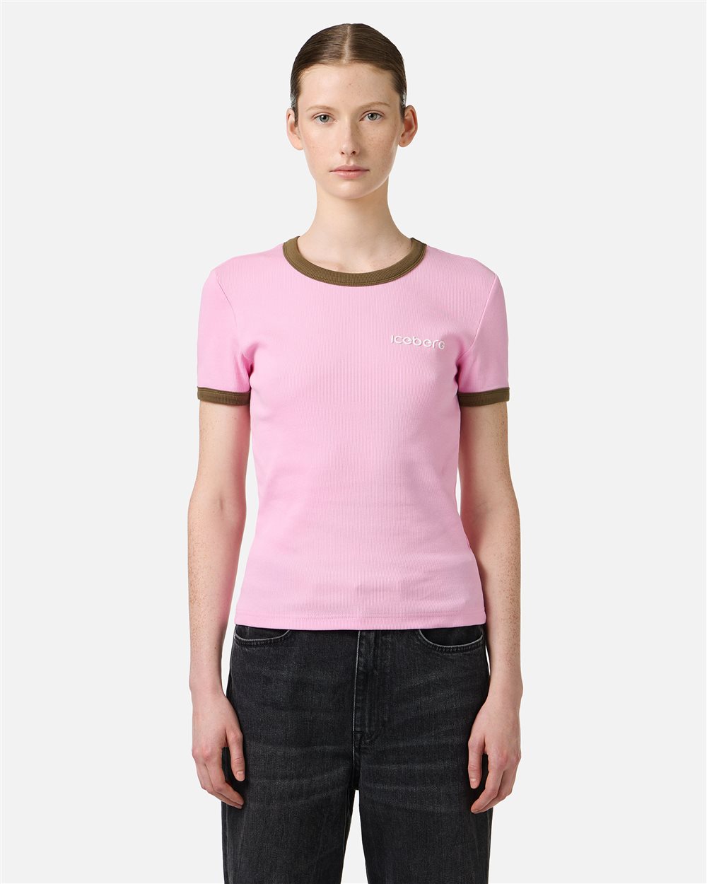 Pink ribbed jersey slim fit T-shirt with Iceberg print - New in | Iceberg - Official Website