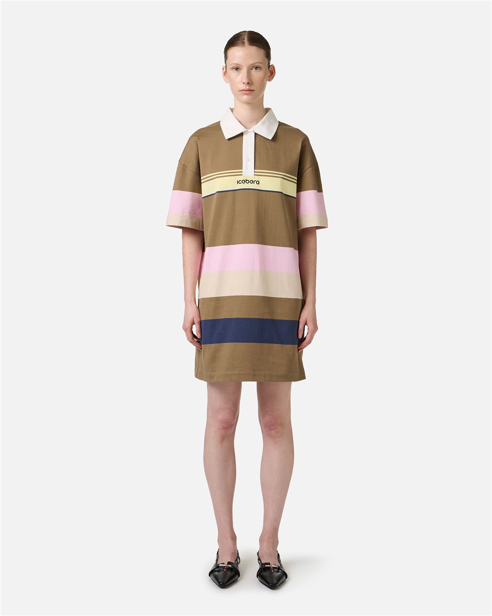 Multicolored striped on a green background jersey polo dress - New in | Iceberg - Official Website