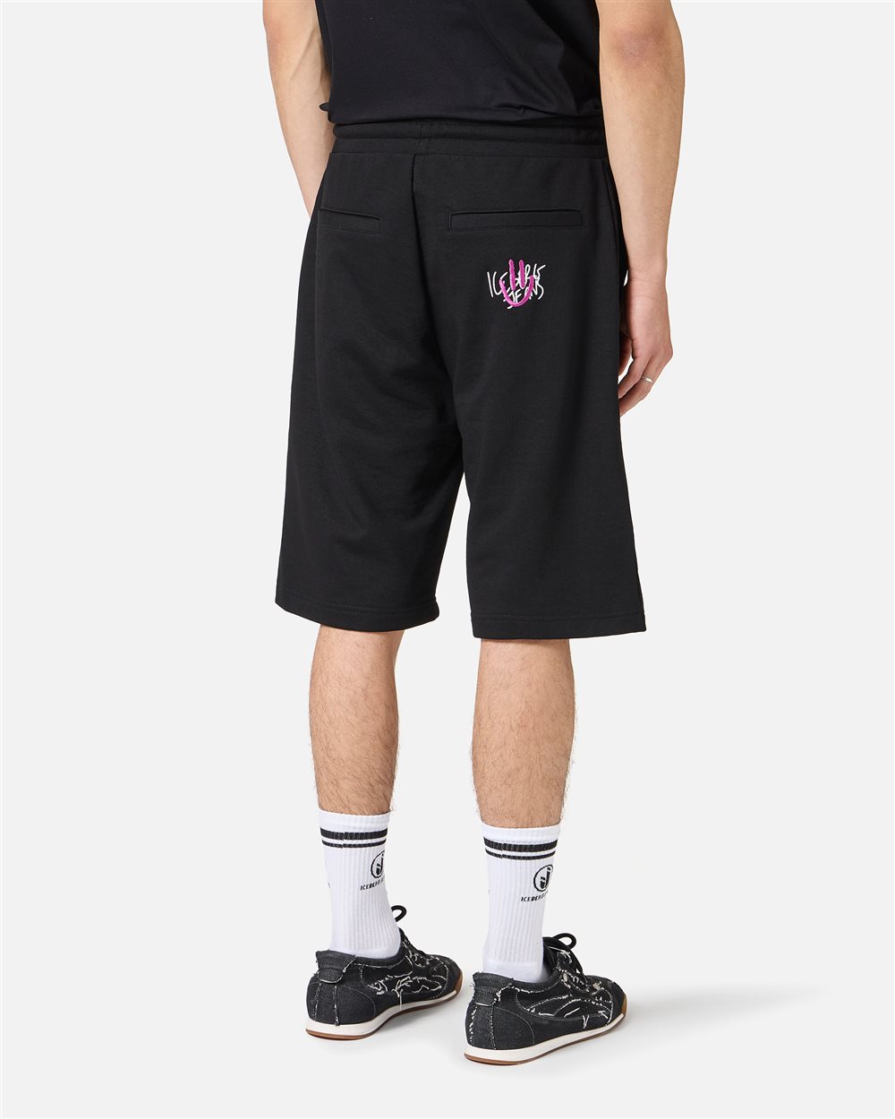 Black slim fit cotton fleece Bermuda shorts - PREVIEW | Iceberg - Official Website