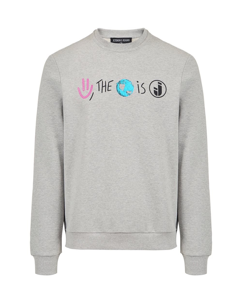 Regular fit light gray melange cotton crew neck sweater - PREVIEW | Iceberg - Official Website