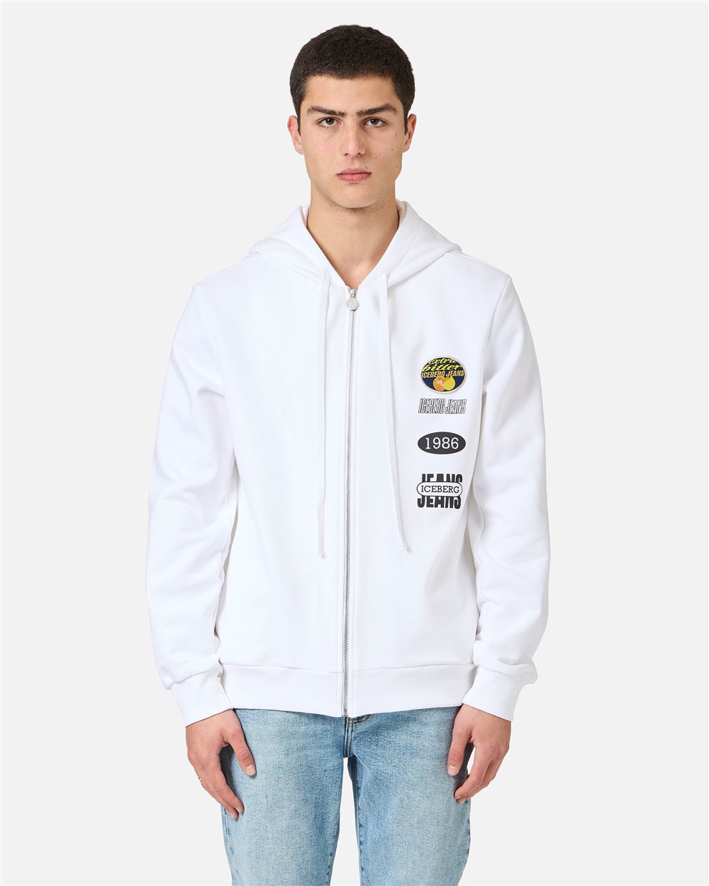 Regular fit optic white cotton sweatshirt with hood - PREVIEW | Iceberg - Official Website