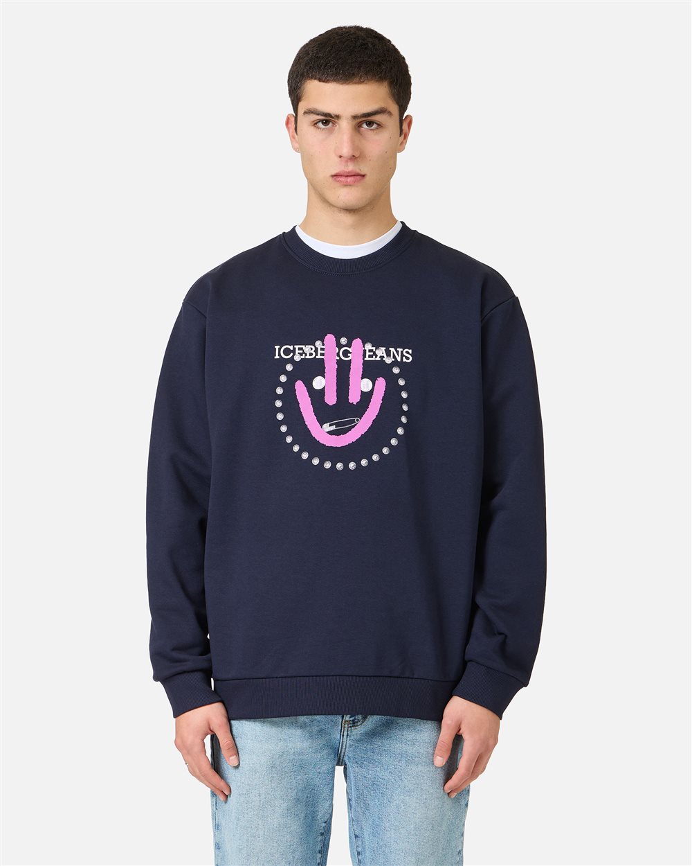 Chill fit navy blue cotton sweatshirt with logo and smile - PREVIEW | Iceberg - Official Website
