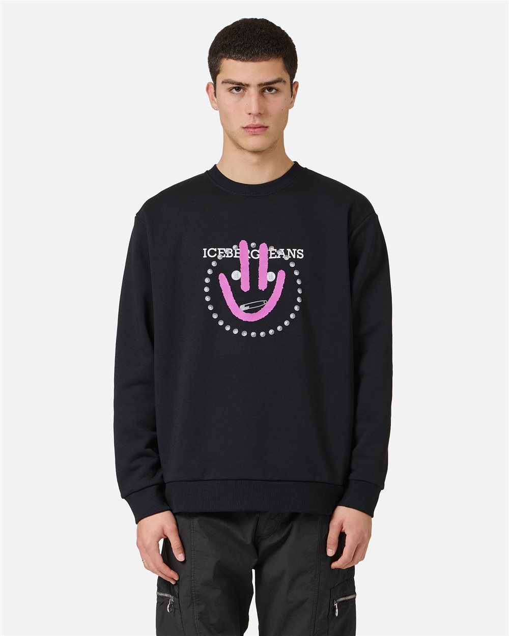Chill fit black cotton sweatshirt with logo and smile - PREVIEW | Iceberg - Official Website