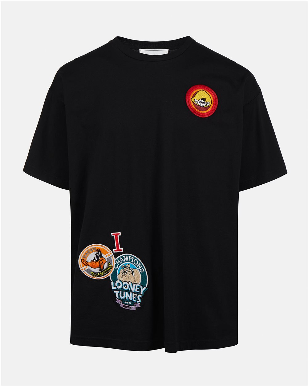 Black T-shirt with cartoon patch and logo