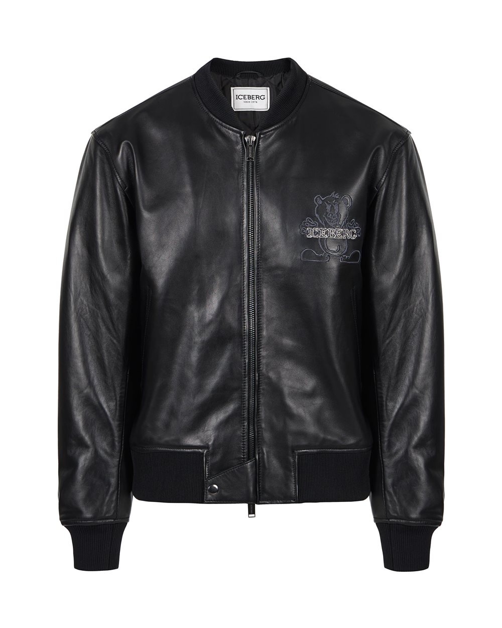 Black leather bomber jacket with Bear embroidery and double slider zip with  logo | Iceberg