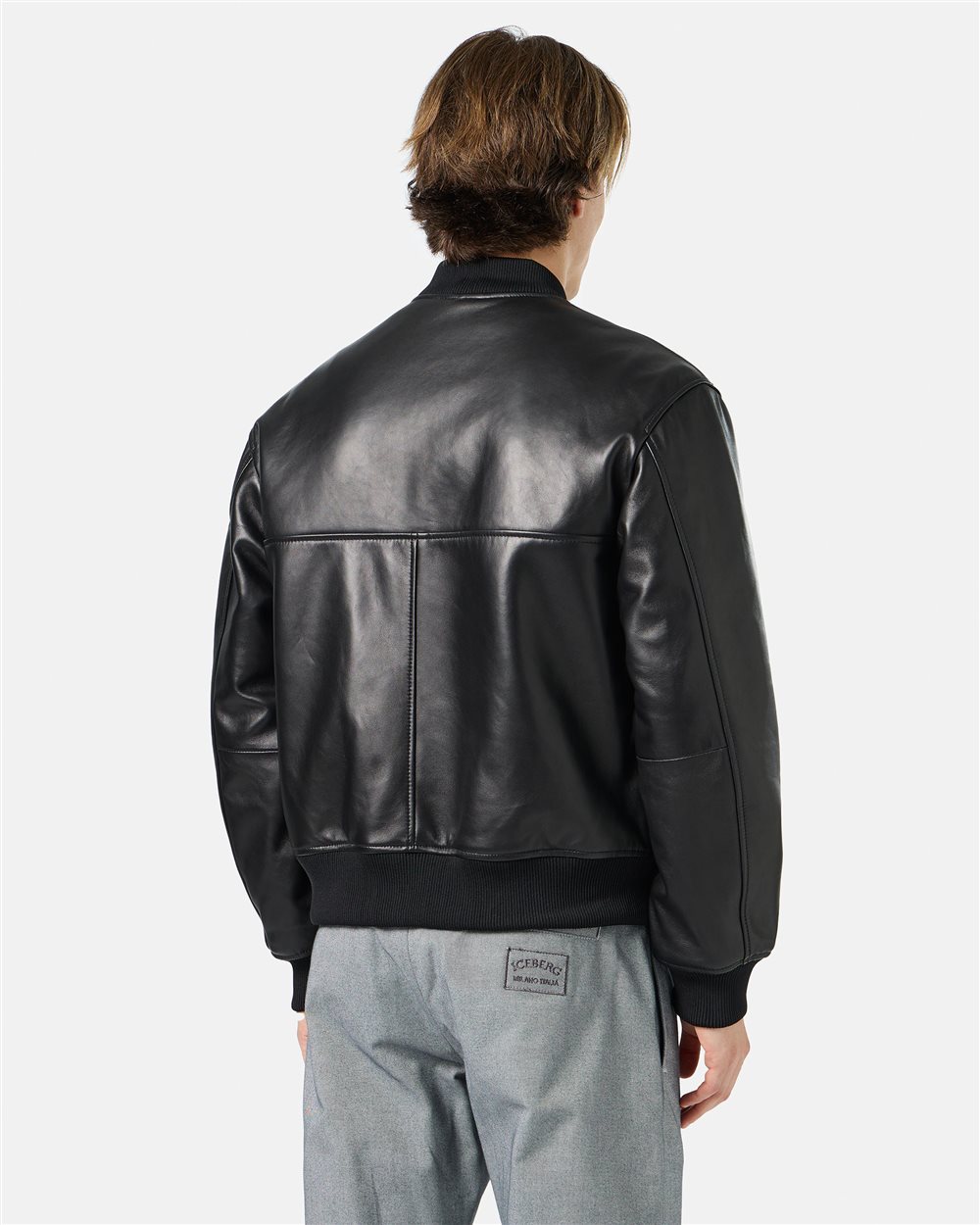 Black leather bomber jacket with Bear embroidery and double slider zip with  logo