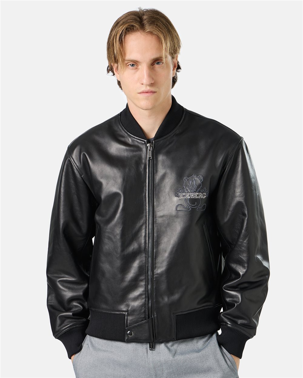 Black leather bomber jacket with Bear embroidery and double slider zip with  logo