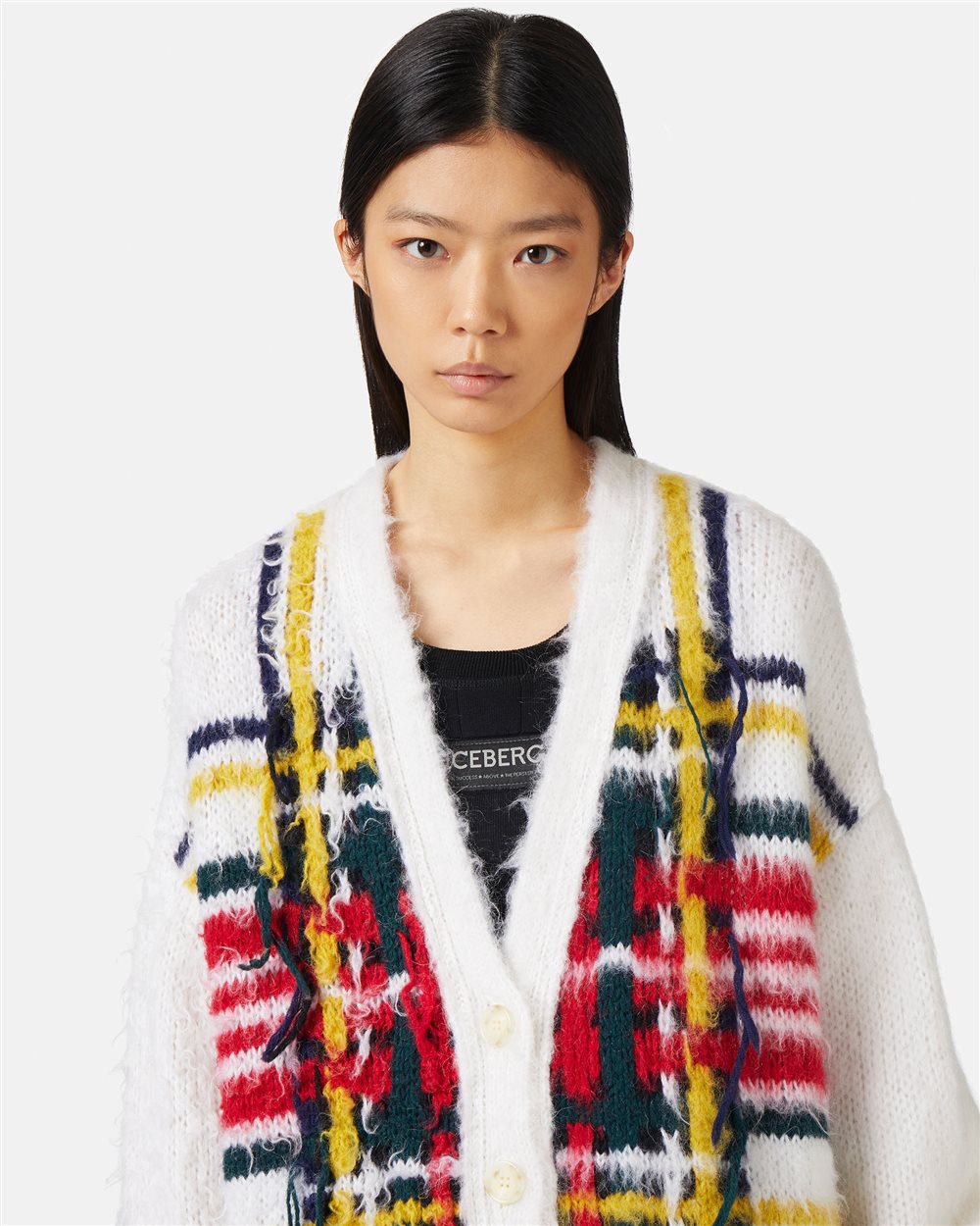 Mohair cardigan with multicolor check inlay