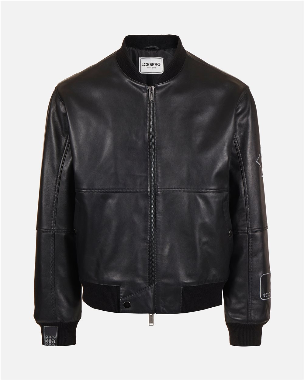 Black leather bomber with embroidered patches | ICEBERG