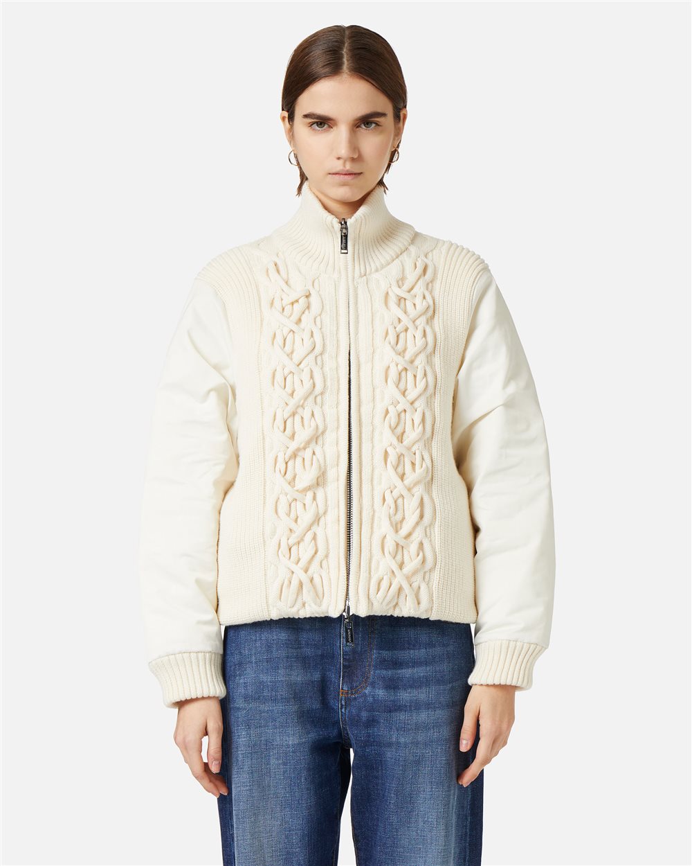Vanilla reversible short jacket with knitted body and nylon drill