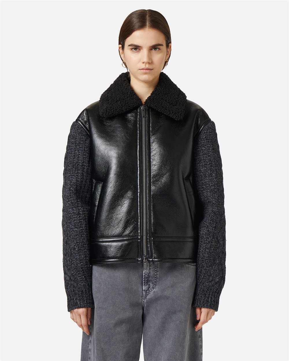 Black sheepskin and braided knit jacket with teddy bear details