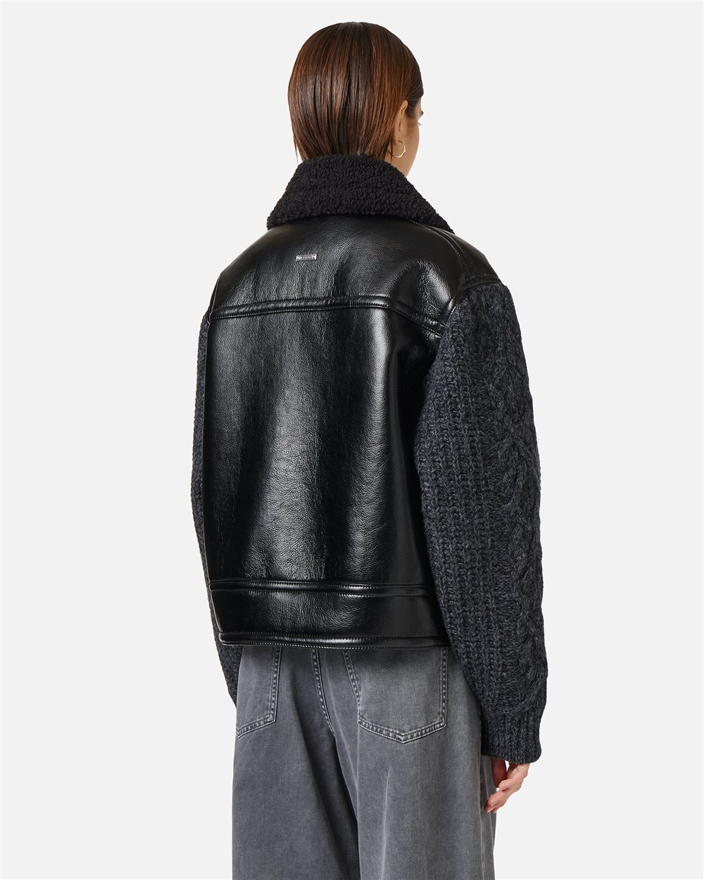 Black sheepskin and braided knit jacket with teddy bear details