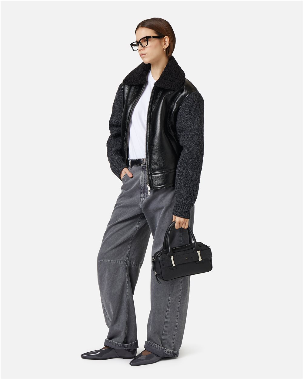 Black sheepskin and braided knit jacket with teddy bear details