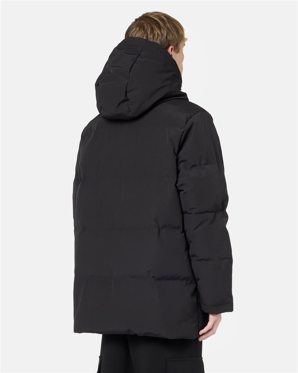 Black nylon midi-fit jacket with hood and Iceberg logo | ICEBERG