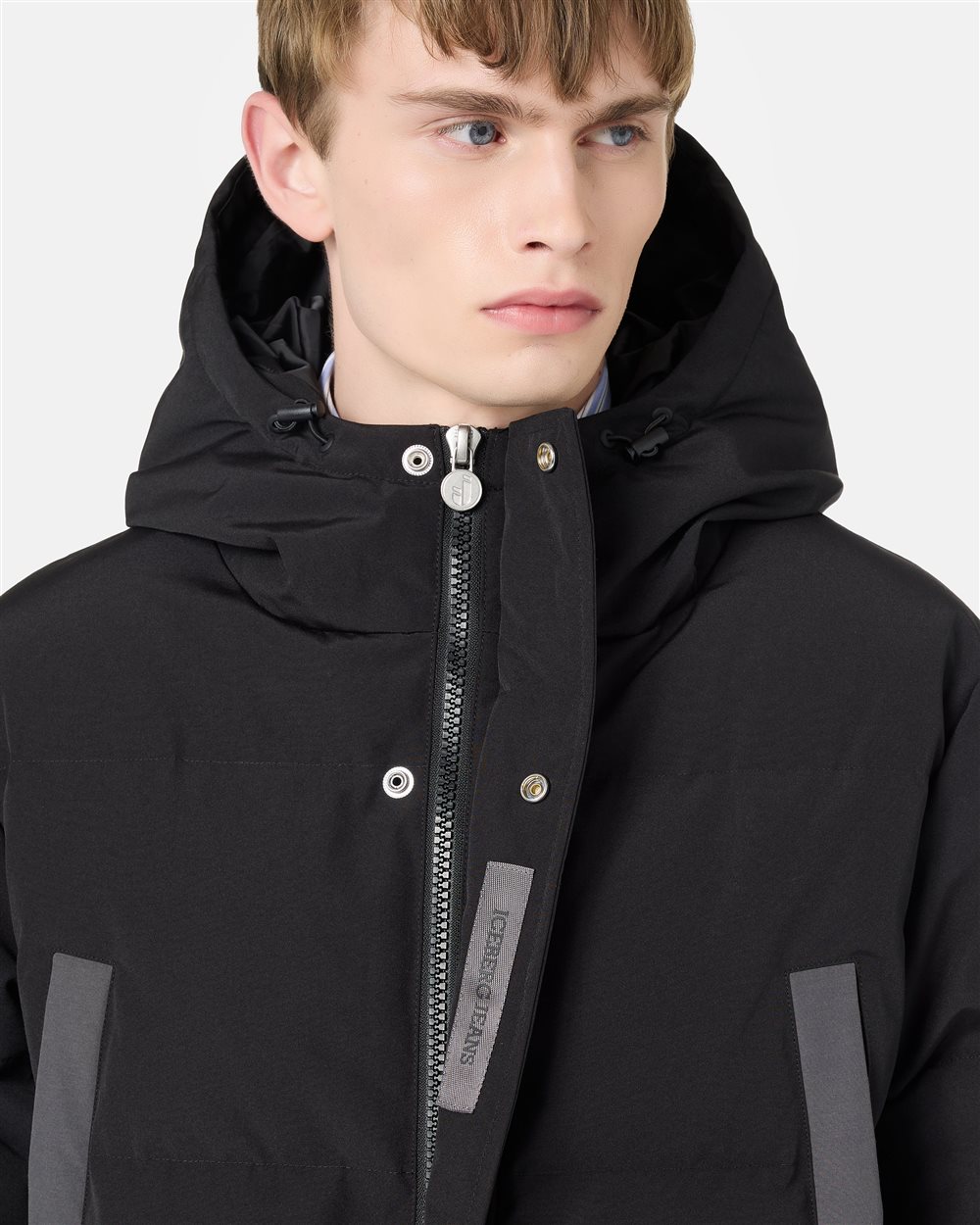 Black nylon midi-fit jacket with hood and Iceberg logo | ICEBERG