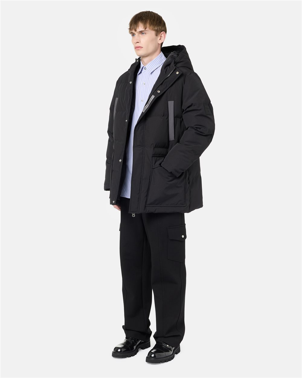 Black nylon midi-fit jacket with hood and Iceberg logo | Iceberg