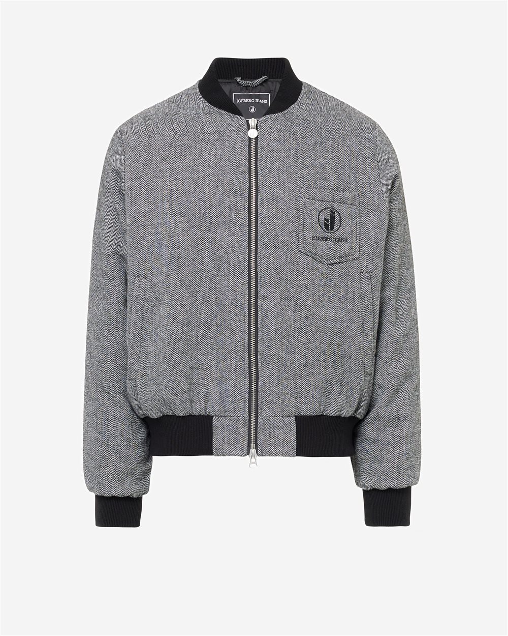 Giubbotto Bomber Fit in Misto Lana Spinato Rigato Bianco e Nero