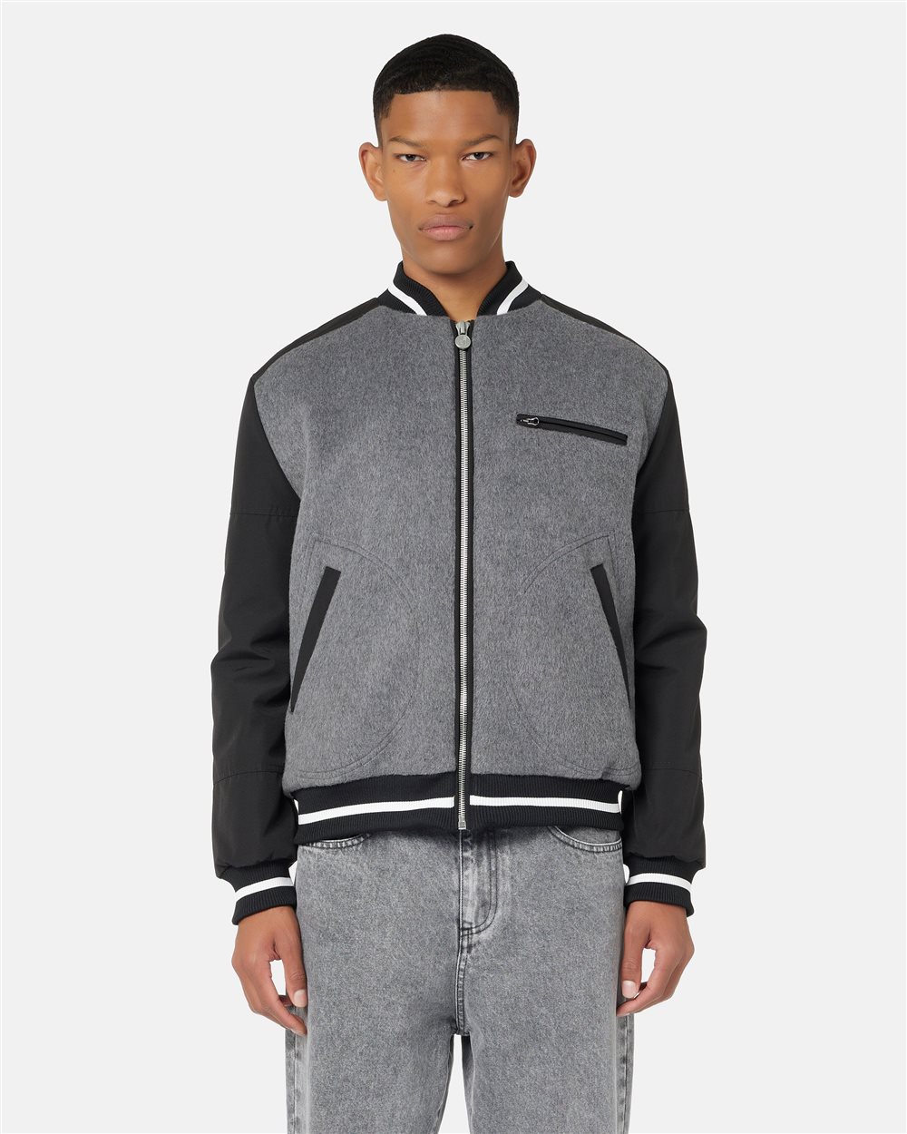 Varsity jacket in black and gray wool blend cloth with Cordura