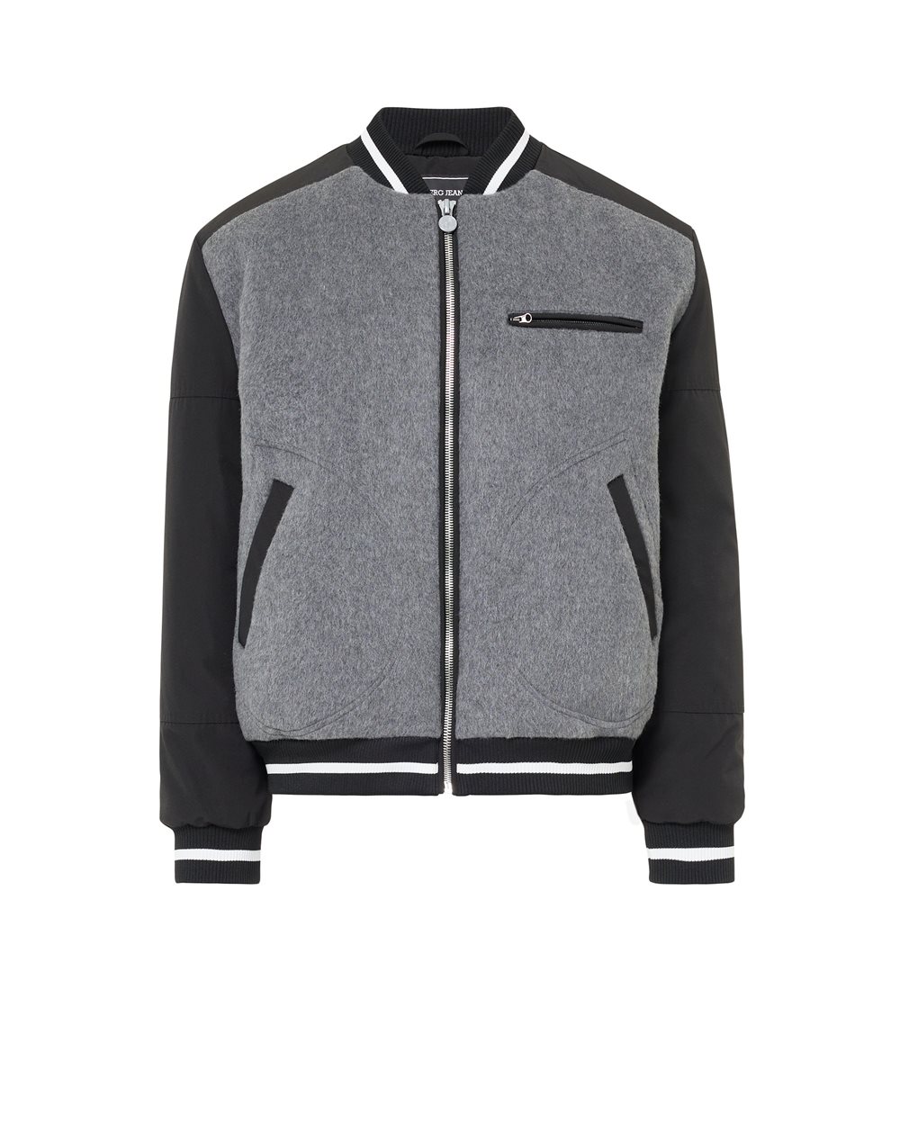 Varsity jacket in black and gray wool blend cloth with Cordura