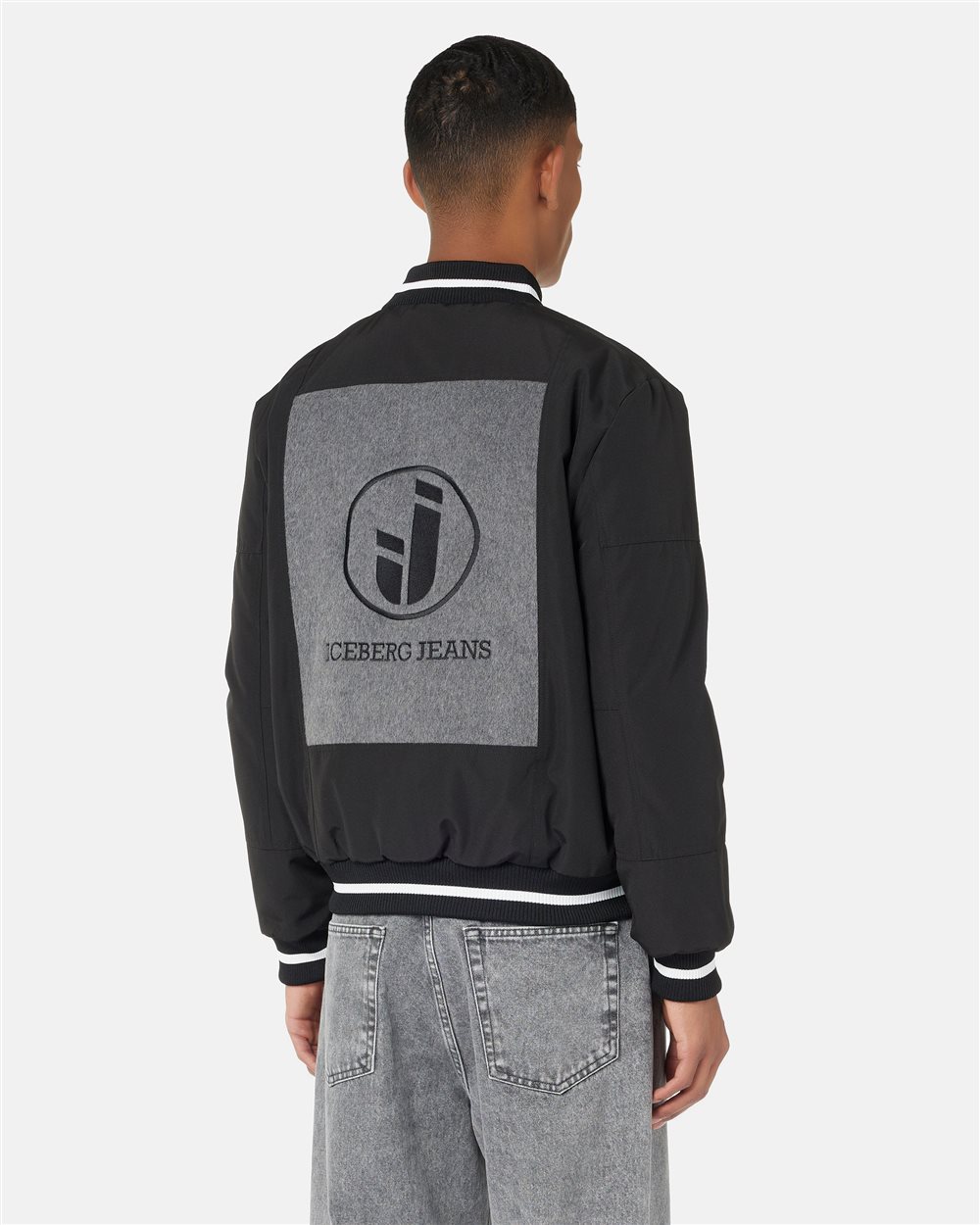 Varsity jacket in black and gray wool blend cloth with Cordura