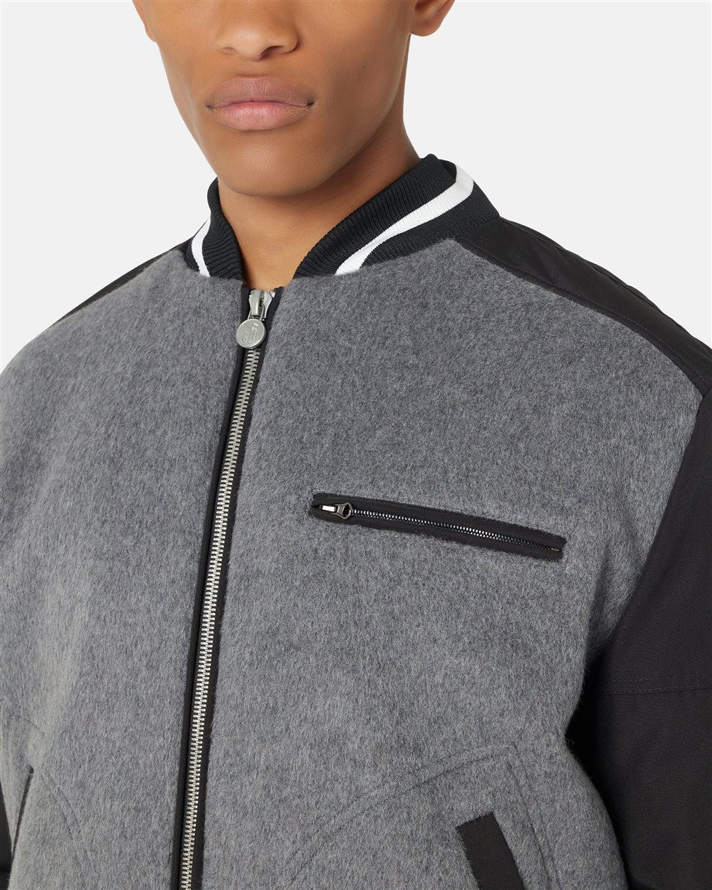 Varsity jacket in black and gray wool blend cloth with Cordura