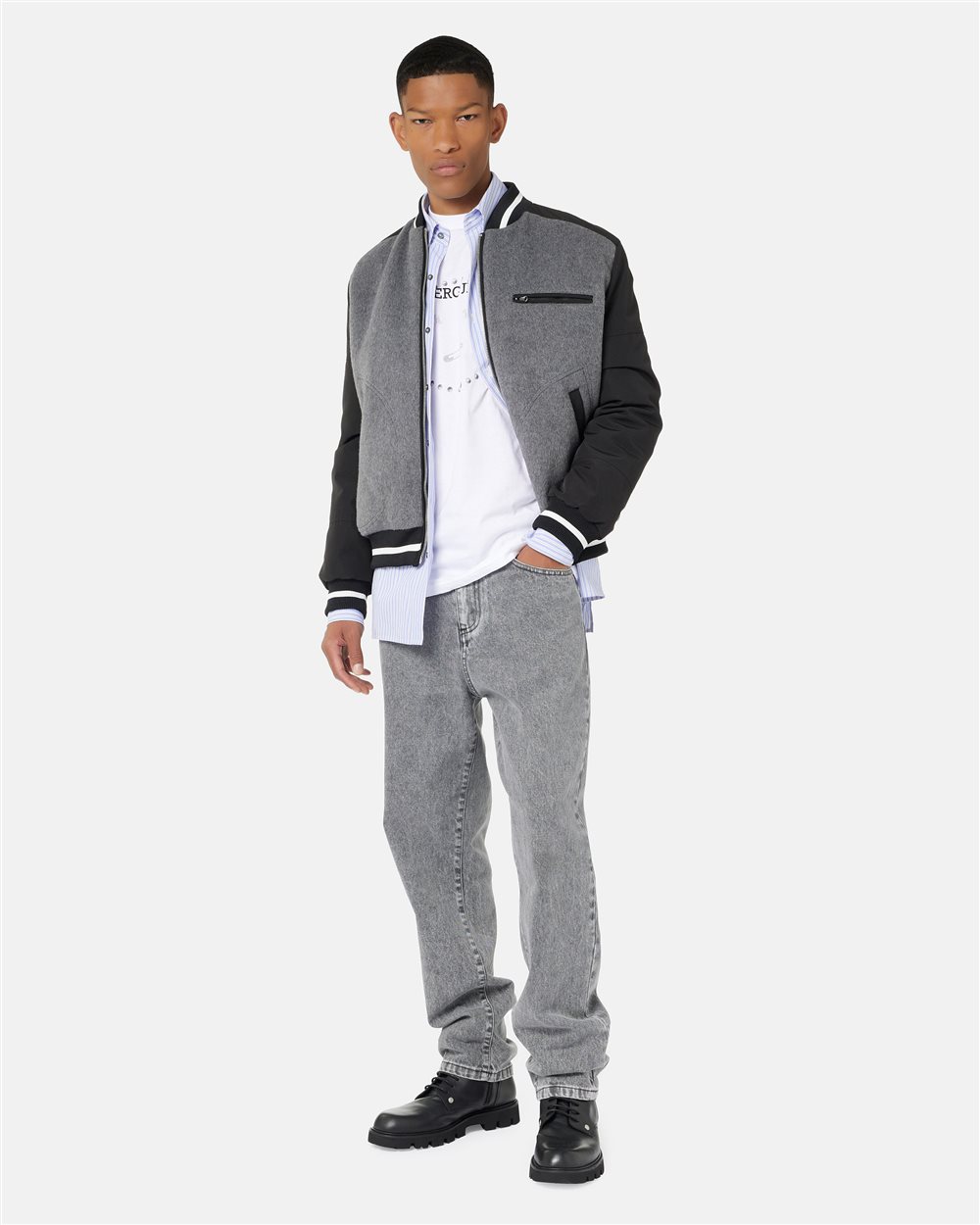 Varsity jacket in black and gray wool blend cloth with Cordura
