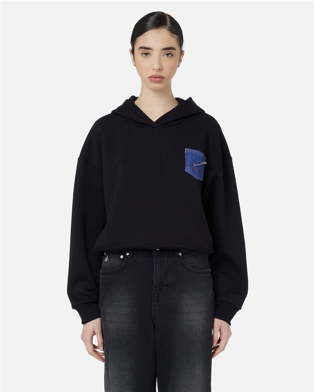 Cropped Hoodie in Black Fleece with Denim Pocket and IJ Detail