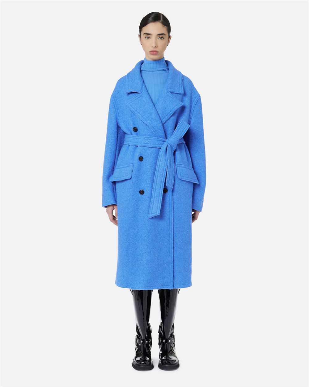 Double-breasted wrap fit coat in bluette bouclé cloth | ICEBERG