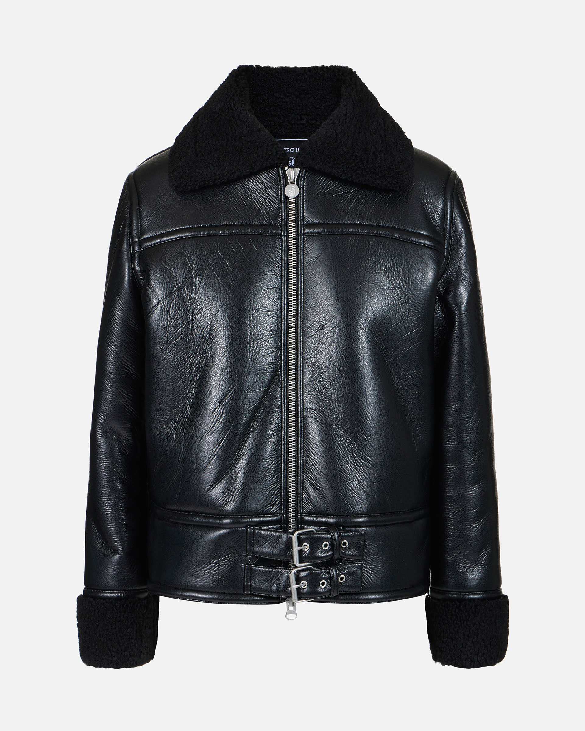 Schwarze Fliegerjacke aus Lammfellimitat mit gewelltem Besatz und