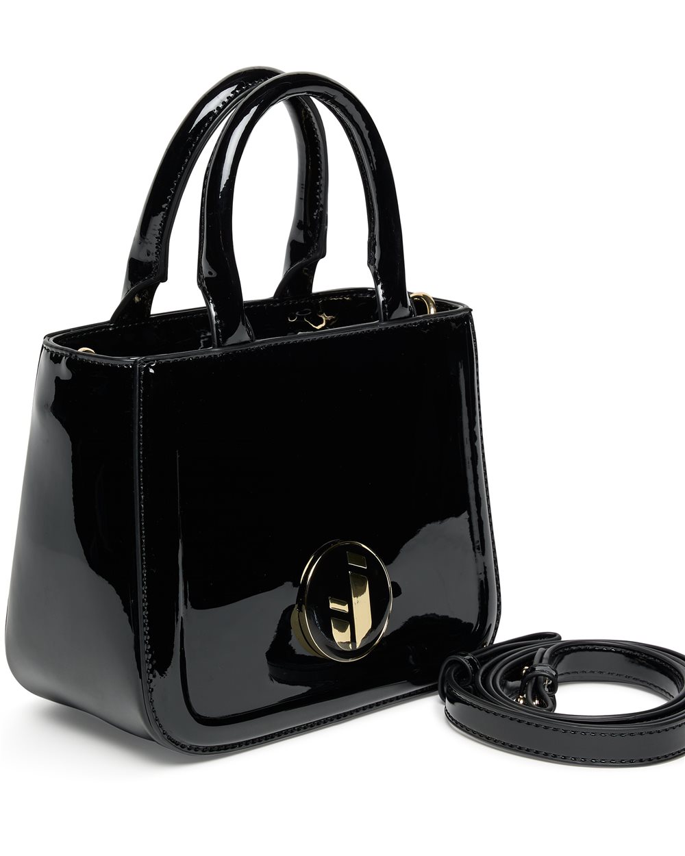 Mini tote bag in shiny black patent eco-leather: compact elegance