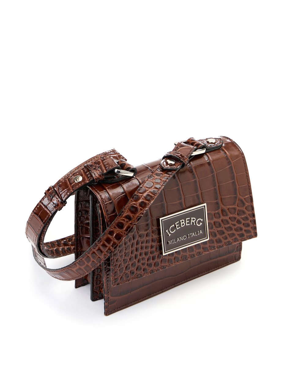Brown crocodile-effect leather top handle bag with enameled plaque
