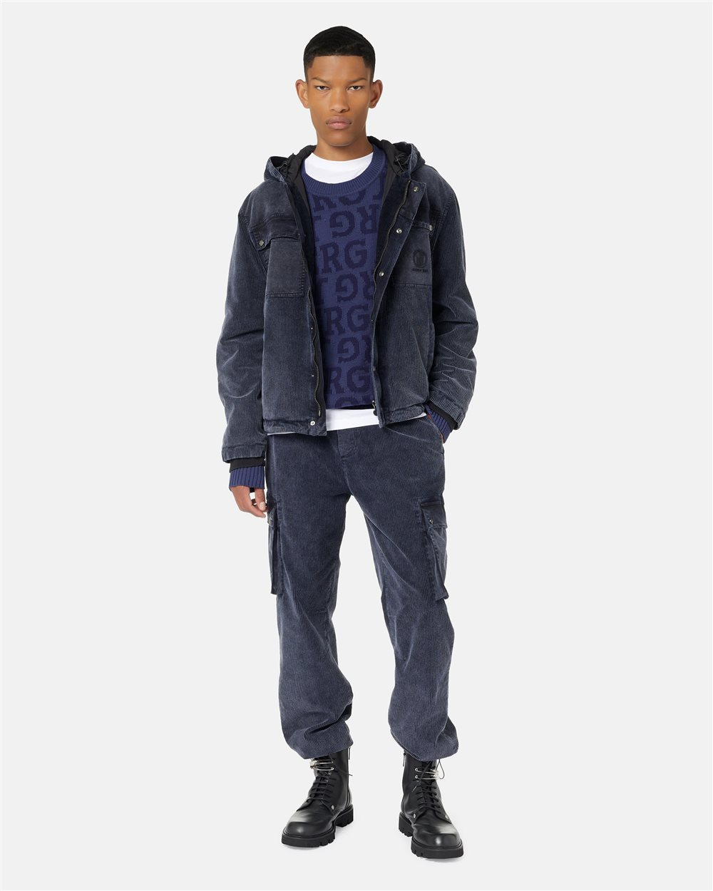 Relaxed-fit hooded sport jacket in navy corduroy with gabardine