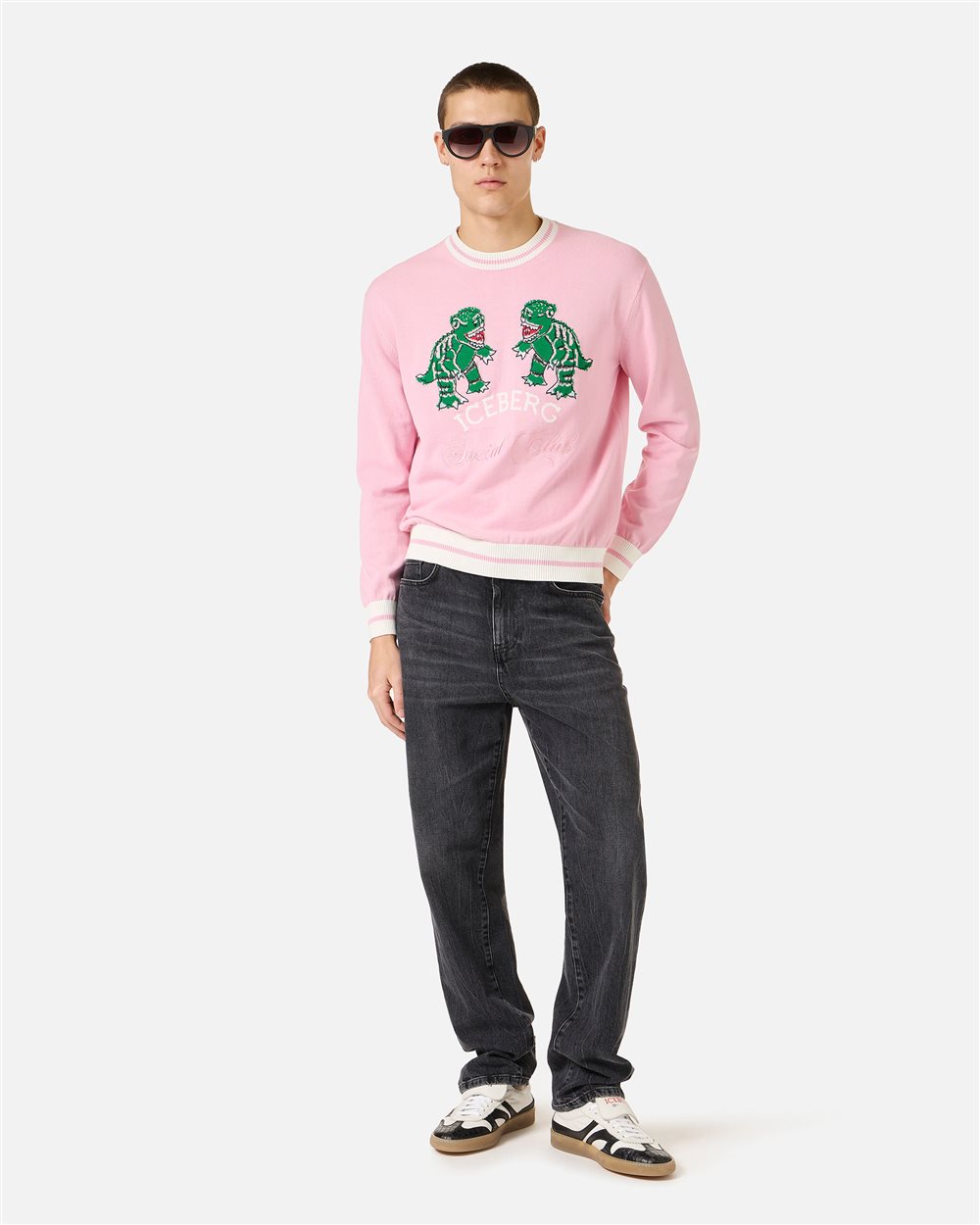 Pink cotton crew neck sweater with dragon inlay | ICEBERG
