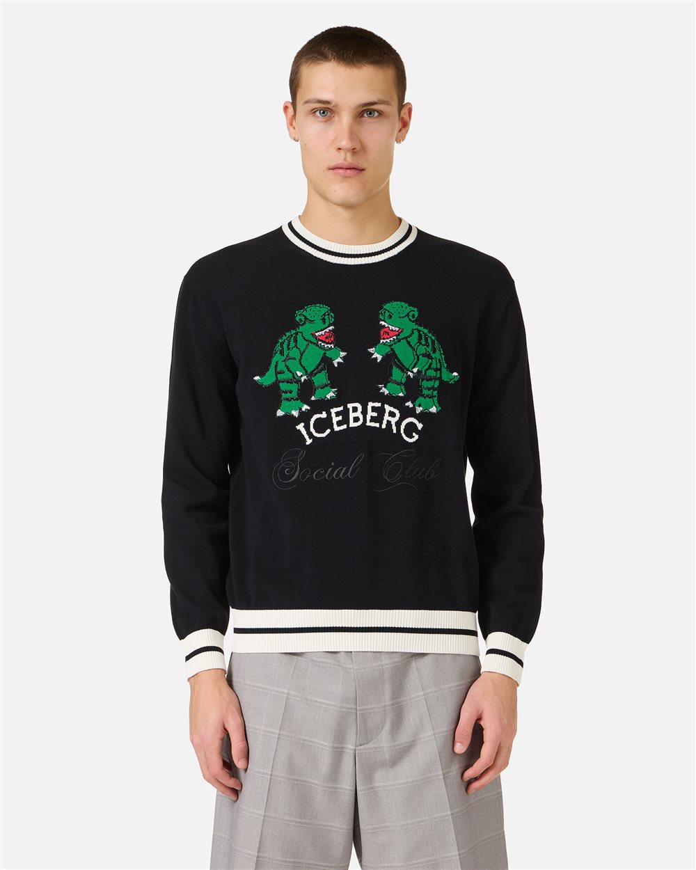 Black cotton crew neck sweater with dragon inlay | ICEBERG