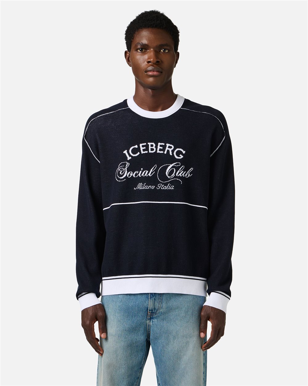 Classic blue cotton crew neck sweater with jacquard workmanship