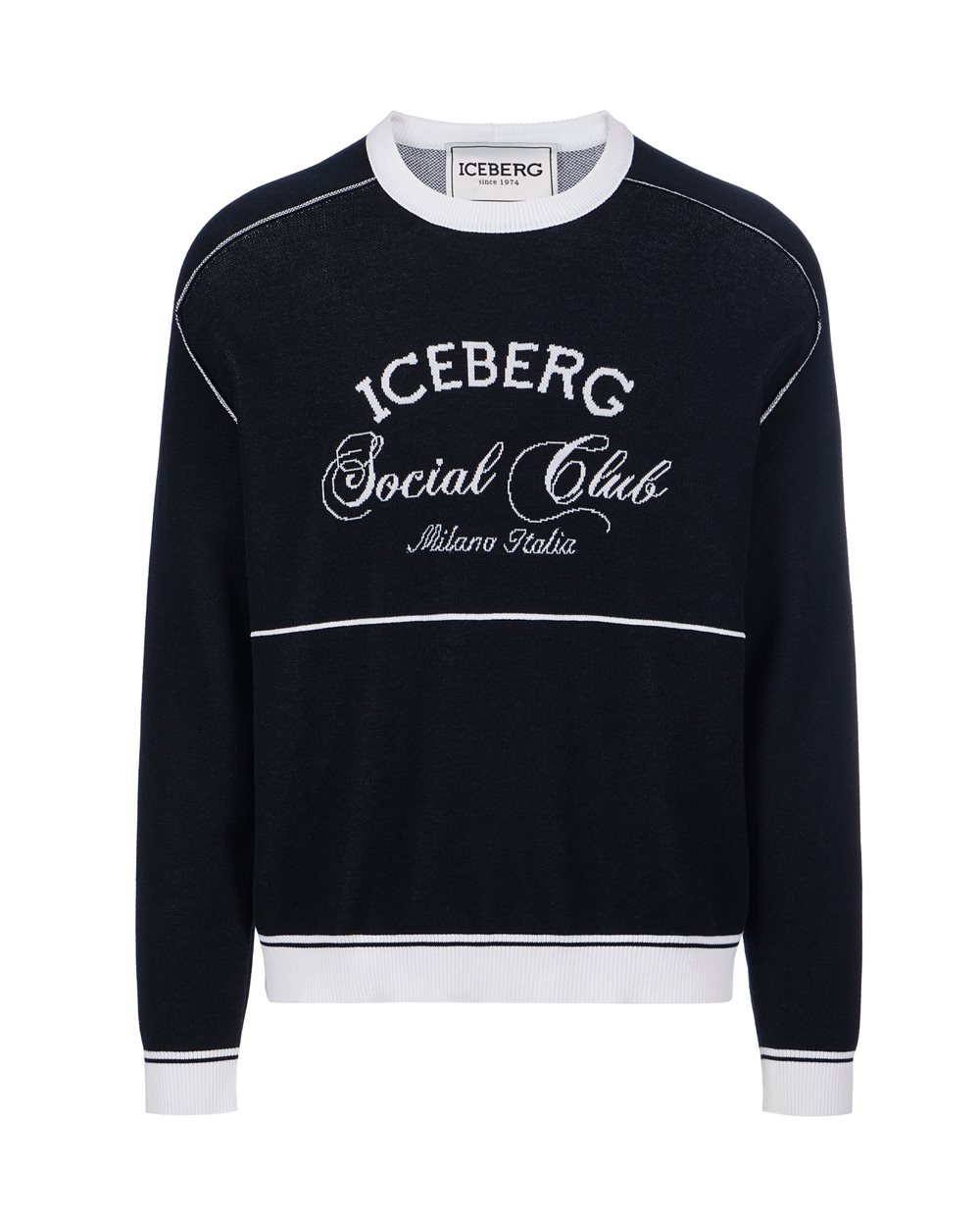 Classic blue cotton crew neck sweater with jacquard workmanship