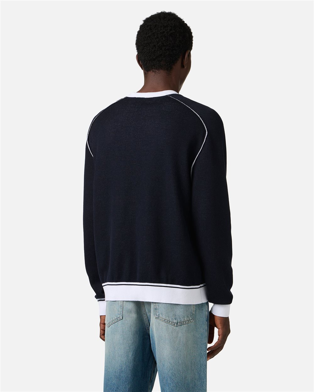 Classic blue cotton crew neck sweater with jacquard workmanship