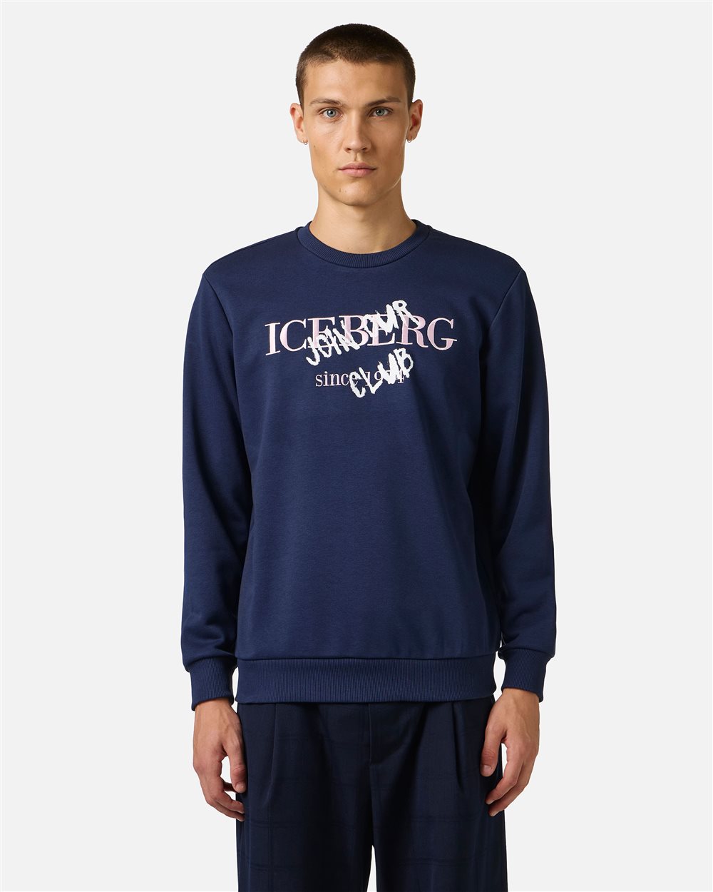 Blue slim fit crew neck sweatshirt, made from a fleece fabric
