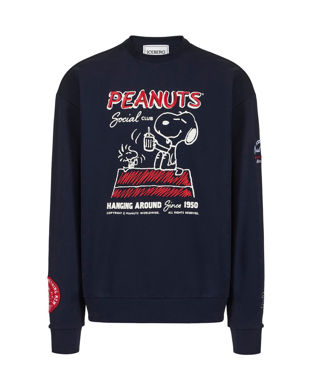 Regular fit blue cotton fleece crew neck sweatshirt, adorned with