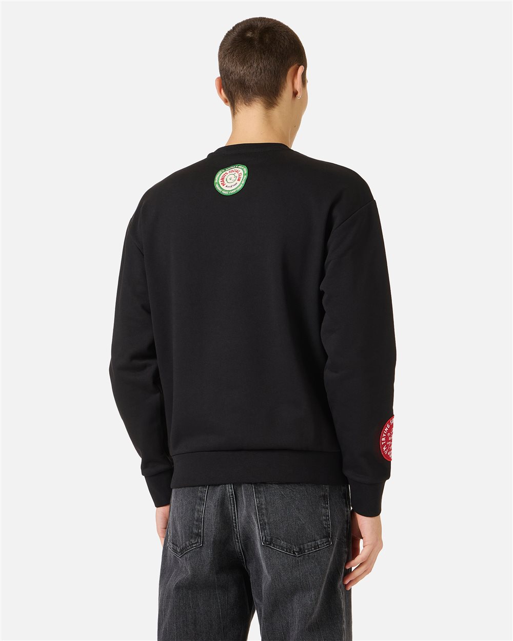 Regular fit black cotton fleece crew neck sweatshirt, adorned with
