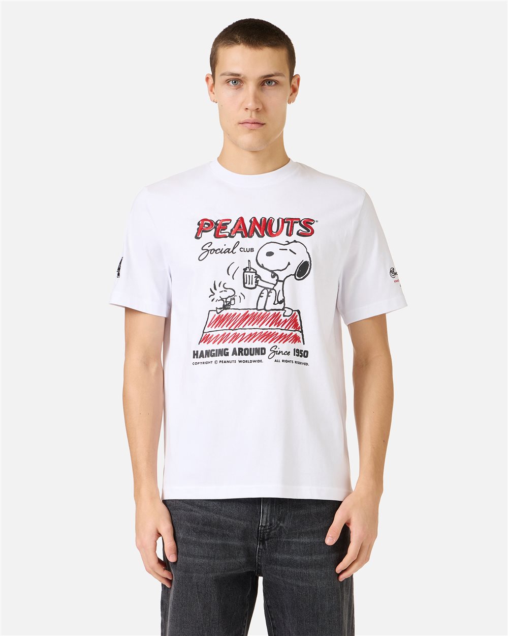 Regular fit optic white cotton jersey T-shirt with a Peanuts