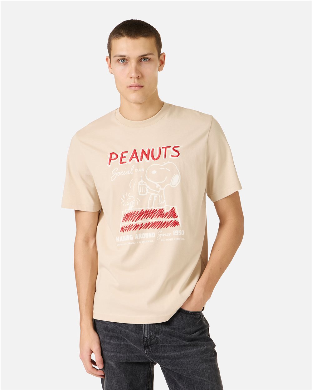 Regular fit beige cotton jersey T-shirt with Peanuts design | ICEBERG