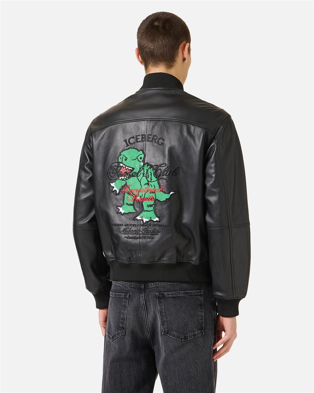 Blue and black leather jacket with dinosaur embroidery | ICEBERG