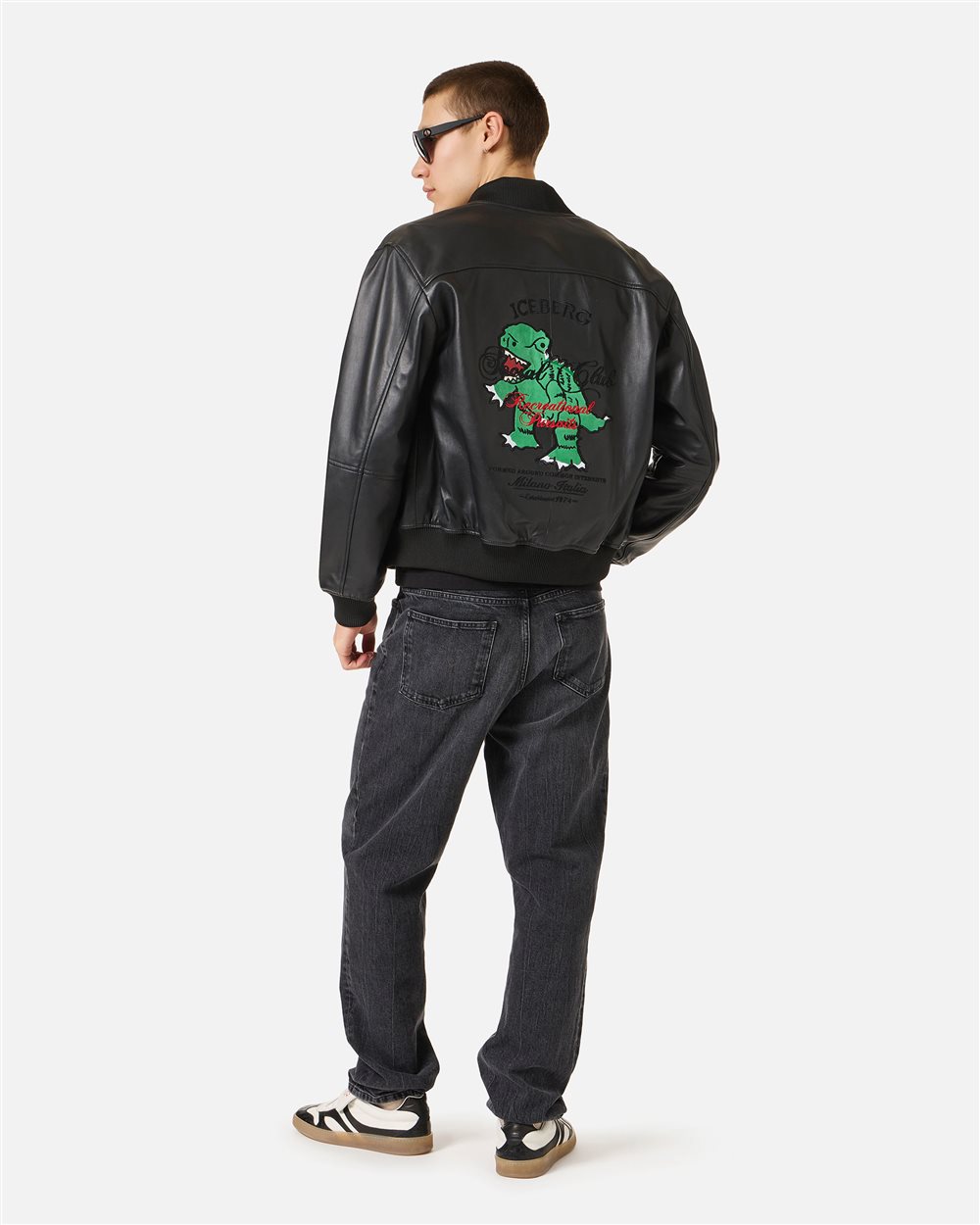 Blue and black leather jacket with dinosaur embroidery | ICEBERG
