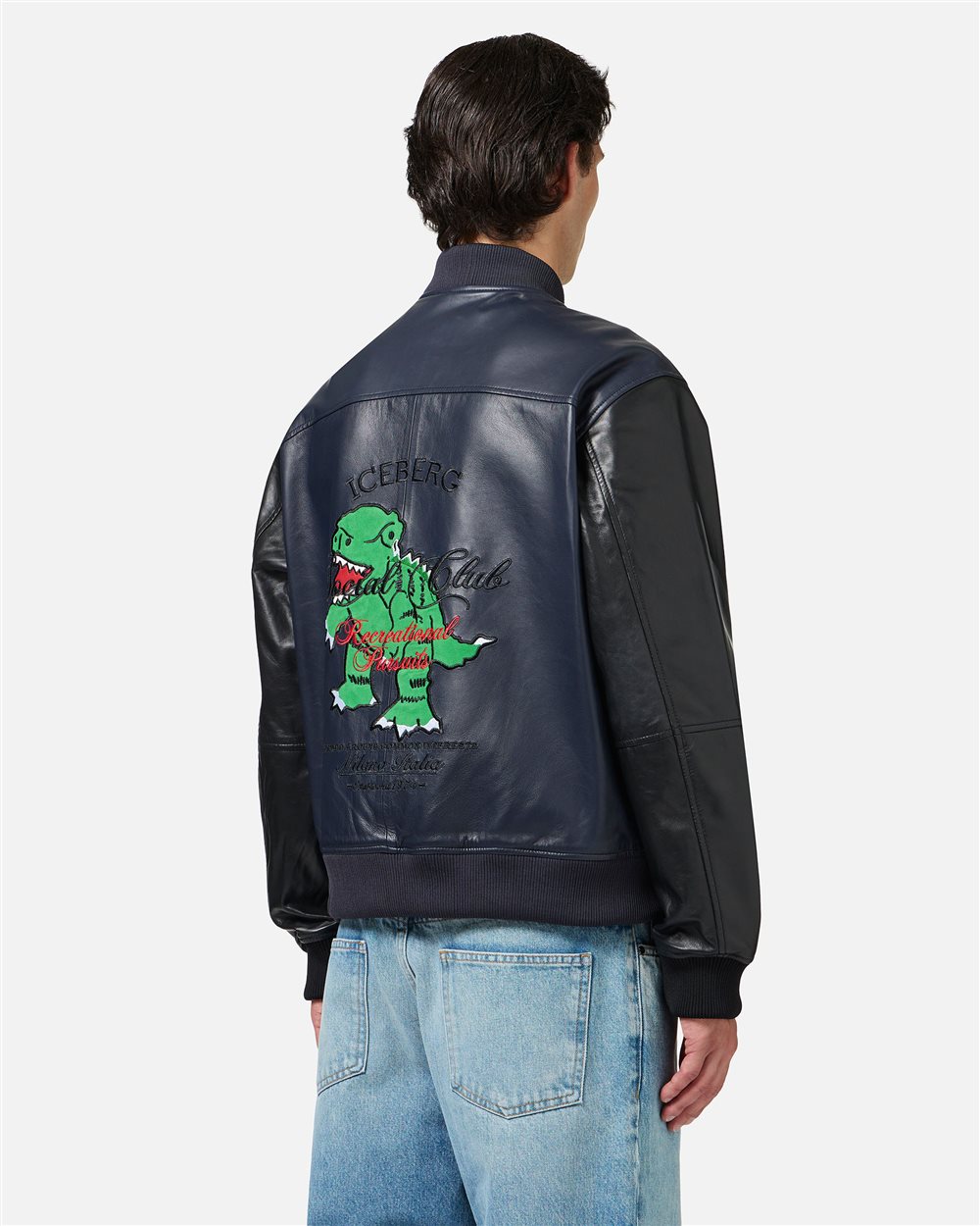 ICEBERG イタリア製 ブランケット レザー ダウン ジャケット ビンテージ Blue and black leather jacket with dinosaur embroidery | ICEBERG