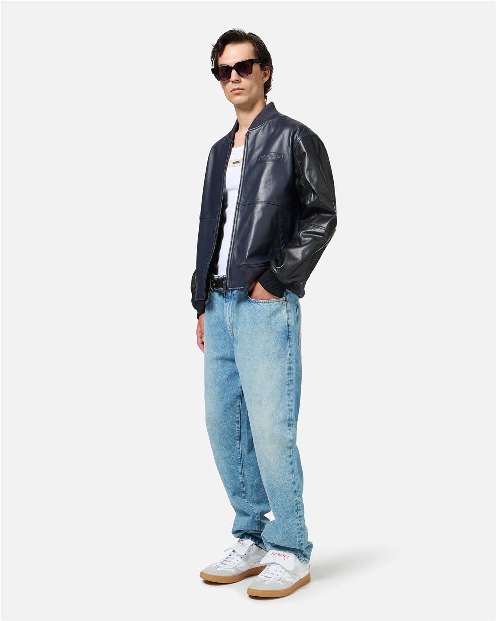 Blue and black leather jacket with dinosaur embroidery | ICEBERG