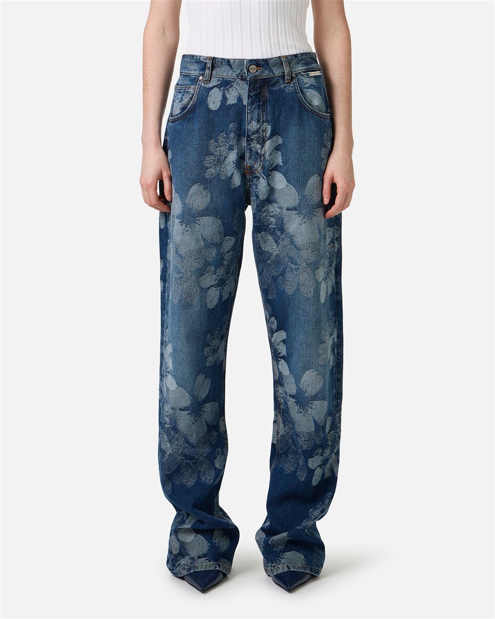 Indigo 5-pocket denim pants in floral jacquard with a straight-leg