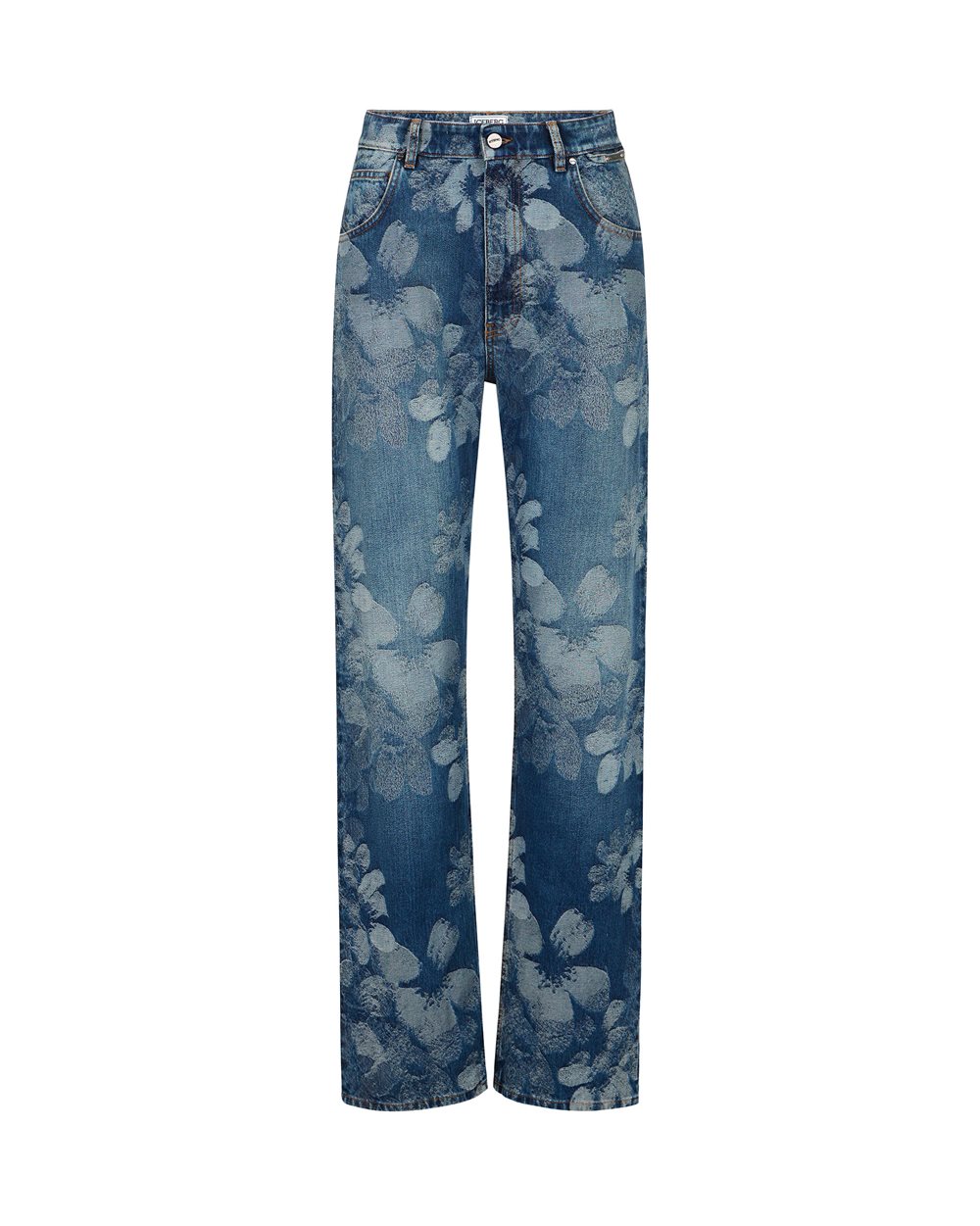 Indigo 5-pocket denim pants in floral jacquard with a straight-leg