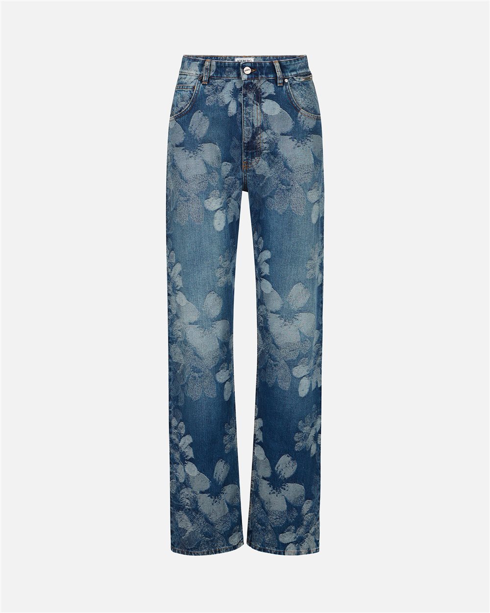 Indigo 5-pocket denim pants in floral jacquard with a straight-leg