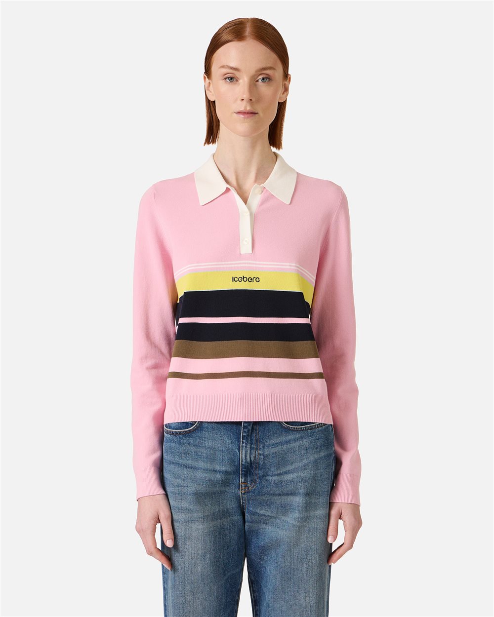 Patterned polo shirt in stretch cotton with contrasting stripes